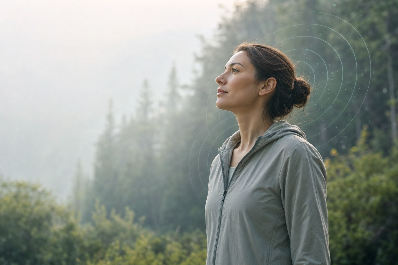 Woman noticing subtle health signals in a quiet natural setting